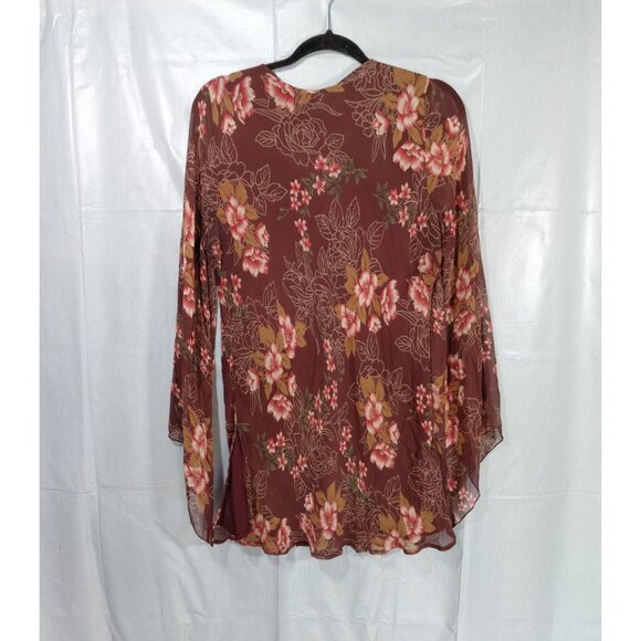 Y2K Silk Floral Babydoll Long Bell Sleeves Blouse XL Fall Fairycore Gypsy Boho - Picture 2 of 13